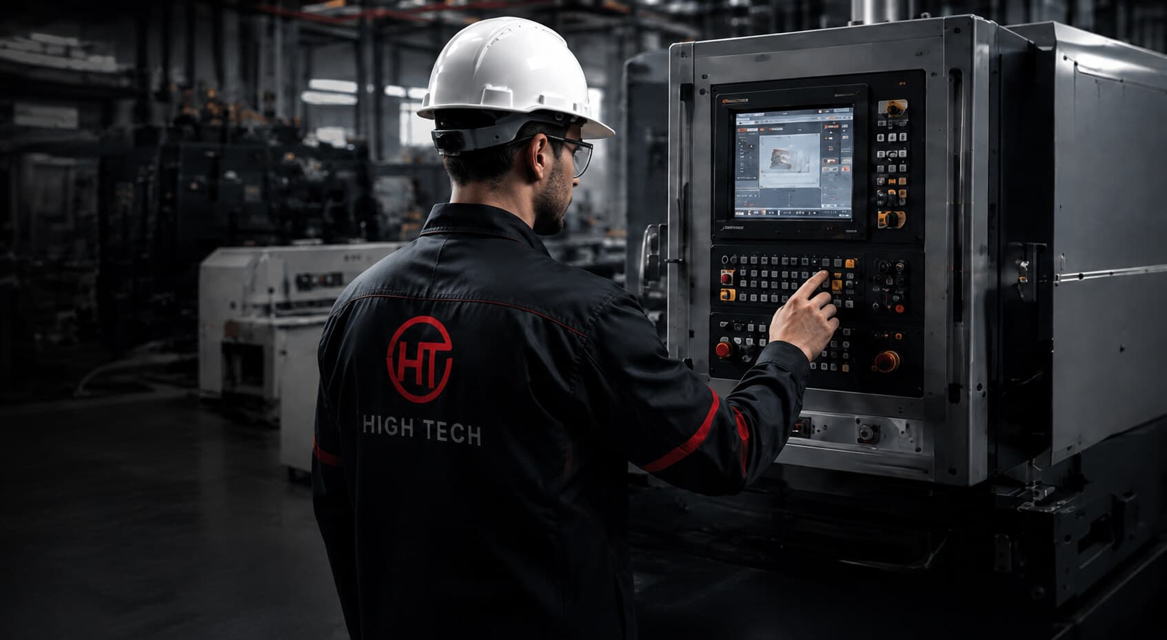 فني من هاي تك أثناء تشغيل لوحة تحكم ماكينة CNC